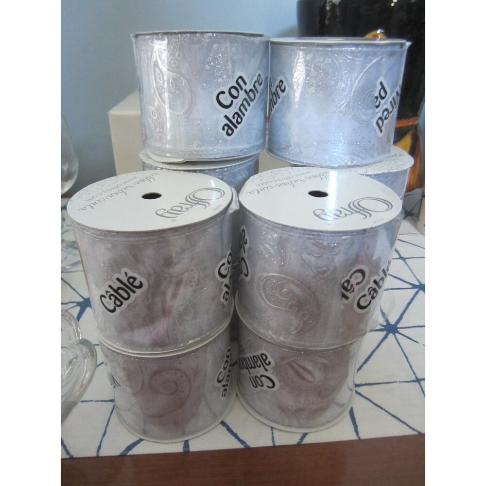 NEW 10 ROLLS OFFRAY WIRED SILVER SHEER PAISLEY RIBBON 2 1/2" WIDE
